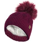 RockJock Ladies Warm Chunky Diamond Cable Knit Hat with Thermal Teddy Fleece Lining and Detachable Faux Fur Pompom-Burgundy