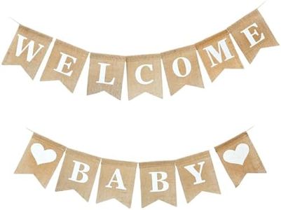 Welcome Baby Sign - Pre-Strung Burlap Welcome Baby Banner - Elegant Baby Announcement Sign for Boy and Girl - Newborn Birth Hospital Signs - Baby Arrival Banners - Adorable Baby Shower Decor