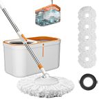 Spin Mop and Bucket Set with Wringer, 61" Stainless Steel Handle, Complete Floor Cleaning Kit with 5 Reusable Mop Heads & Brush – Self-Cleaning for Hardwood, Tile, Laminate