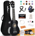 ADM Soprano Ukulele for Beginners 21 Inch Hawaiian Wood Ukelele Kit for Kids Adult Student Starter Professional Ukalelee Pack Bundle with Free Lessons Gig Bag Strap Nylon String Tuner Pick, Black