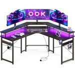 ODK Gaming Desk with LED Lights, Corner Gaming Desk with 2 Sockets and 2 USB Charging Ports, L Shaped Gaming Desk with Monitor Stand, Black, 129 x 129 cm