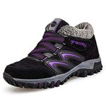 gracosy Women Hiking Boots, Winter Fur Lined Ankle Snow Boots High Top Hook Loop Sneakers Trekking Boots Black+Purple 7 M US