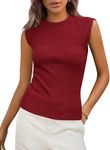 PRETTYGARDEN Women's Ribbed Tank Tops Trendy Casual Summer 2025 Cap Sleeve Slim Fitted Knit Basic Tee Shirts Blouse (Wine Red,Large)