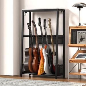 EmberGlow Multi Guitar Stand with Top Wood Display Shelf, 27.8lbs Heavy Duty Guitar Rack Floor Holder (1.2mm Thick Tubes), Patented Anti-Collision Mesh, Premium Instrument Accessories for Home Music Studio, Gray