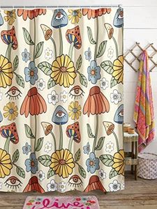 Estmy 70s Retro Boho Floral Psychedelic Shower Curtain in Yellow Orange, Funky Mushrooms Flowers and Eyes Trippy Hippie Vintage Fabric Shower Curtain Set Cottage-core Abstract Aesthetic Bathroom Decor