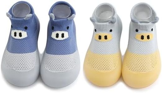 HOVELL 2 Pairs Baby Soft Rubber Sole Shoes Toddler Girls Boys Non Slip Walking Shoes Infant Cotton Floor Slipper Sock Shoes(Blue Grey Pig, 6-12M)