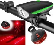 NSV Rechargeable Bike/Bicycle Headlight + Horn and Laser Tail Light with 3 Light Modes LED Front Rear Light Combo