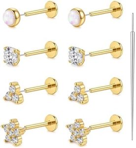 YACHY 8PCS Threadless Flat Back Earrings 18G CZ Cartilage Studs, 316L Surgical Steel Push Pin Helix Tragus Conch Medusa Lip Piercing Jewelry, Hypoallergenic Sleeping Earrings for Women Men(Gold)