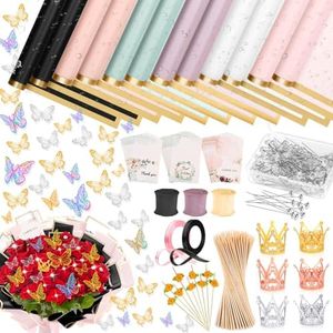 Tetutor 366 pcs Flower Bouquet Wrapping Paper,Waterproof Flower Floral Wrapping Paper Bouquet Sheets With Ribbons Pins 3D Butterflies and Crowns for Florist Wrap