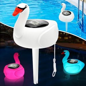 KingSom Digital Pool Thermometer,Solar Pool Thermometer Floating Easy Read with Color Changing Swan Light,Floating Pool Thermometer with Large LCD Screen and String,Pond Water Temperature Thermometer