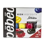 Pébéo - Studio Acrylics Primary Pack 5 Tubes 100ml - Acrylic Paint Tubes and Brush Kit - Pébéo Acrylic Assortment - 5 primary color tubes of 100 ml