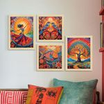 ArtX Paper Madhubani Art Paintings with Frame for Home Decor, Wall Painting for Living Room, Multicolor, Natural Wood Color Frames, Set of 4