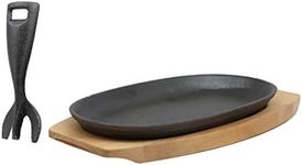 9.25 Long Cast Iron Sizzling Fajita Japanese Steak Plate With Handle and Wooden Base by Gifts & Decors