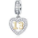 13 Years of Love Birthday Charms fits Pandora Style Bracelet, 18K Golden Number 13, 925 Sterling Silver Heart Bead Pendant with Birthstones CZ, 13th Milestones Gifts for Back to School/Christmas