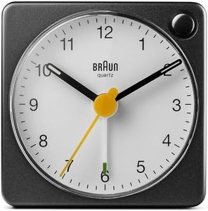 Braun Classic Analogue Travel Alarm Clock with Snooze Function and Light, Compact Size, Quiet Quartz Movement, Crescendo Alarm, Black and White Model BC02XBW