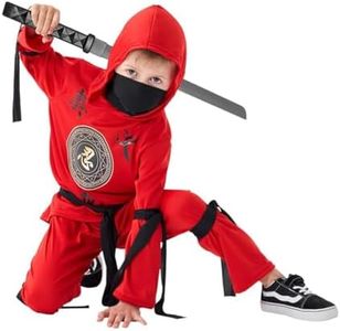 Udekit Costume de Ninja Rouge avec Capuche, Pantalon, Rubans et épée jouet pour Enfants, Fête Cosplay Halloween pour 9 à 12