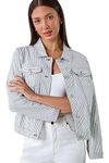 Roman Originals Stretch Jacket for Women UK - Ladies Denim Jean Summer Coat Bengaline Casual Smart Utility Trucker Biker Fitted Classic Work Spring Soft Vintage - Black & Ivory - Size 18