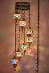 DEMMEX 7 Globes Swag Plug in Turkish Moroccan Mosaic Bohemian Tiffany Ceiling Hanging Pendant Light Lamp Chandelier Lighting with 15feet Cord Chain and Plug, 50" Height (Multicolor2)