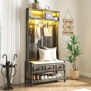 Gurexl 67” Farmhouse Hall Tree with Shoe Storage, Auto Sensor Wood Coat Tree with LED Lights, 3-in-1 Entryway Bench with Coat Rack, Hooks and Drawers for Hallway, Living Room (Dark Rustic Oak)