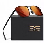 LUENX Rectangular Aviator Sunglasses for Men Women Polarized Mirrored Orange Lens Square Metal Black Frame Spring Hinge