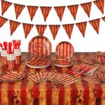 FULJOOY 172 Pcs Creepy Carnival Table Decorations Red Striped Tableware Cutlery Set with Table Cloth Paper Plates Napkins Cups Knives Forks Spoon Circus Theme Party for Halloween Birthday Picnic Decor