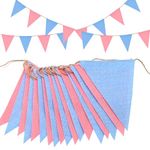 Topeedy Burlap Bunting Banner，20m52pcs Reusable Frabic Bay Blue and Pink Pennant Banner for Birthday,Wedding，Baby Shower Boy or Girl Gender Reveal Party Outdoor or Indoor Decoration