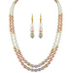 Sri Jagdamba Pearls Dealer White Gold-Plated 2 Line Necklace Set for Women | Oval Freshwater Pearls 5-6MM | 18-20 Inches Length | Iconic Hyderabad pearl Necklace Set Gift To Women/Girls