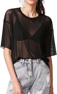 MakeMeChic Women's Concert Outfits Sequin Tops Summer Mesh Sheer Short Sleeve See Through Black T Shirts Blouse A Black X-Small