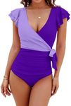 Blooming Jelly Women's Tummy Control Swimsuits Plus Size One Piece Bathing Suit V Neck Ruched Swimwear 2024 Vintage Swim Suit (Light Purple and Dark Purple,X-Large)