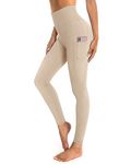 OUGES Womens High Waist Yoga Pants with Pockets Workout Running Gym Leggings(Khaki,M)