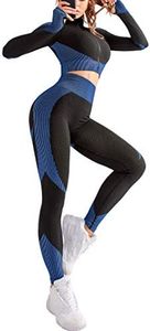 OLCHEE Women's 2 Piece Tracksuit Workout Outfits - Seamless High Waist Leggings and Long Sleeve Crop Top Yoga Activewear Set - Black and Blue Size L