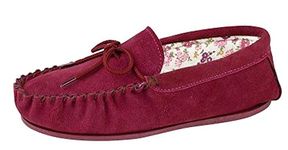 Ladies Real Suede Leather Moccasin with Hardwearing Sole (4 UK, Crimson Red)