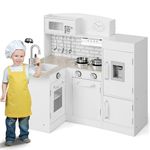 Maxmass Kids Corner Kitchen Playset, Wooden Play Kitchen with Microwave, Oven, Sink, Stove, Refrigerator, Water Dispenser and Utensils, Role-Play Toy Kitchen Cooking Set for 3+ Year Old (8-in-1)