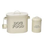 Retro Vintage Styled Antique Cream 3PC Oblong Metal Dog Food Storage Sets: Food Tin, Treats Tin & Serving Scoop