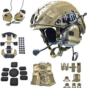 Airsoft Fast Helmet Set Tactical Paintball Helmet with Military Headset and Helmet Cover Memory Foam Protective Pad Adjustable Size for Adult and Teenager (Tan)