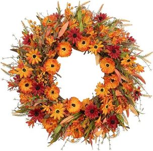 J'FLORU Artificial Fall Wreath 22 Inch Autumn Wreaths for Front Door Orange Daisy Wreath with Wildflowers Berries for Indoor Outdoor Wall Farmhouse Thanksgiving Day Harvest Festival Celebration