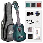 WINZZ 21 Inches Soprano Ukulele Vintage Hawaiian with Bag, Tuner, Strap, Extra Strings, Fingerboard Sticker, Dark Cyan