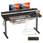 JOISCOPE Height-Adjustable Desk with Monitor Stand and 2 Drawers, Memory Height, Standing Desk with Outlets, USB & Tpye-C and Side Hook, Ideal for Office Desk and Home Desk, 140cm, Black