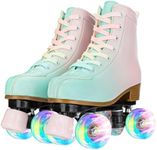 YYW Roller Skates for Girls and Women, Fantastic Gradient Pink and Green PU Leather Light Up Kids Youth Roller Skates, Indoor Outdoor Roller Skates Girls Ages 8-12 (37-US Women 7/ Youth 6)