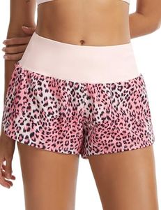 THE GYM PEOPLE Womens High Waisted Running Shorts Quick Dry Athletic Workout Shorts with Mesh Liner Zipper Pockets Pink Leopard