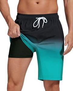 difficort Mens Swim Trunks Quick Dry Bathing Suit 9 inch Inseam Board Shorts with Compression Liner and Zipper Pocket,Black Green Gradient,Small