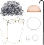 BBTO Old Lady Cosplay Set Grandma Gray Wig for Kids Women Walking Cane Glasses Chain Cords Faux Pearl Bead Necklace