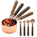 Measuring Cups and Measuring Spoons Set, Measuring Cup Spoon with Thickened Wooden Handle Rose Gold Stainless Steel Copper Plated Baking Tool,4 Measuring Cups + 4 Measuring Spoons