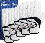 FINGER TEN Men’s Golf Gloves 5 PCS Left Hand Right Handed Leather All Weather Grip Soft Breathable Flexible for Golfers Size Small Medium ML Large XL (White, Medium, Left)