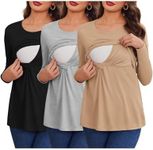 Ekouaer Women 3 Packs Nursing Shirts Long Sleeve Maternity Tops Double Layer Breastfeeding Tees Round Neck Pregnancy Blouse Black+Light Gray+Khaki S