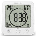 KADAMS Digital Bathroom Shower Kitchen Clock Timer, Waterproof for Water Splashes, Visual Countdown Timer, Time Management Tool, Indoor Temperature Humidity, Suction Cup, Hole Stand - White