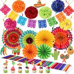 Mexican Party Decorations Fiesta Themed - Cinco De Mayo Party Supplies Decor for Birthday Wedding Baby Shower - Paper Fans+ Pom Poms+Papel Picado Banner+Disposable Table Cover+Cupcake Topper