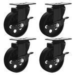 FactorDuty 4 All Black Metal Swivel Plate Caster Wheels w/Brake Lock Heavy Duty High-Gauge Steel (4" with Brake)
