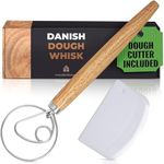 Danish Dough Whisk, Bread Whisk 13" with Dough Cutter - Sourdough Whisk for Baking with Stainless Steel Dough Hook, Bread Dough Whisk for Sourdough, Pizza, Pastry, Cake Batter