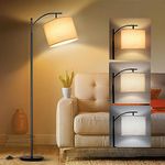 OUTON Arc LED Floor Lamp, 3 Color Temperatures Modern Floor Lamps, Adjustable Tall Standing Reading Lamp with Hanging White Linen Texture Shade for Living Room, Bedroom, Office, Matte Black